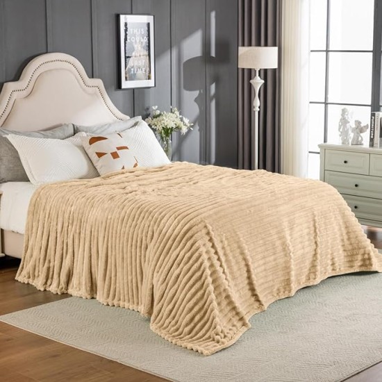 Wider Striped 380gsm Thick Khaki Throw Blanket for Couch Super Soft Cozy Blankets for Women Fuzzy Fleece White Blanket for Bed Sofa 50x60