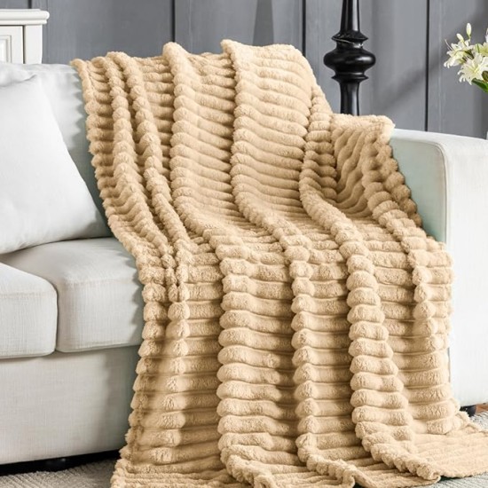 Wider Striped 380gsm Thick Khaki Throw Blanket for Couch Super Soft Cozy Blankets for Women Fuzzy Fleece White Blanket for Bed Sofa 50x60