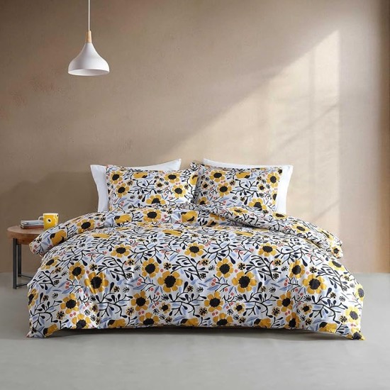 - King Duvet Cover Set, Cotton Percale Reversible Bedding with Matching Shams, Floral Home Decor (Mykero Multicolor, King)