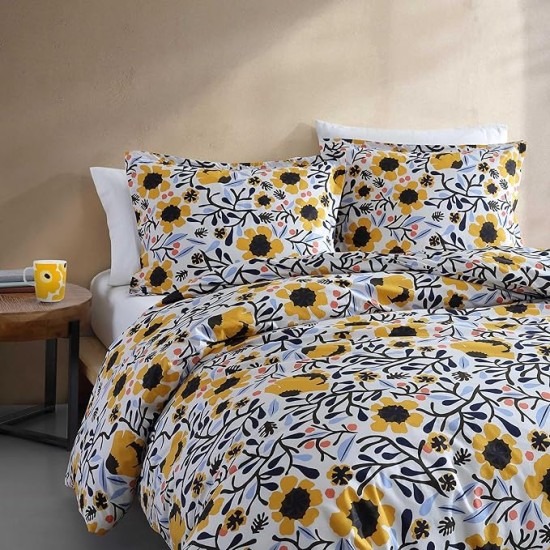 - King Duvet Cover Set, Cotton Percale Reversible Bedding with Matching Shams, Floral Home Decor (Mykero Multicolor, King)