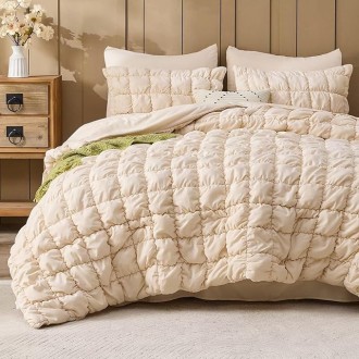Beige Comforter Set King Size Bed in A Bag 7 Piece Pinch Pleat Bedding Set, Pintuck Ruched Square Bed Set with Comforter, Sheets, Pillowcases & Shams