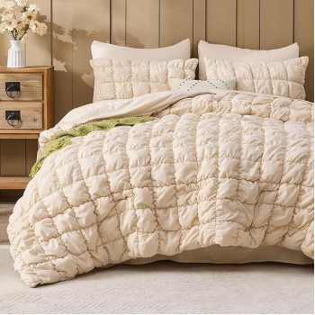 Beige Comforter Set King Size Bed in A Bag 7 Piece Pinch Pleat Bedding Set, Pintuck Ruched Square Bed Set with Comforter, Sheets, Pillowcases & Shams