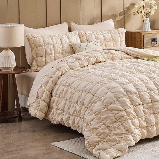 Beige Comforter Set King Size Bed in A Bag 7 Piece Pinch Pleat Bedding Set, Pintuck Ruched Square Bed Set with Comforter, Sheets, Pillowcases & Shams