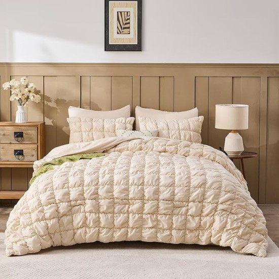 Beige Comforter Set King Size Bed in A Bag 7 Piece Pinch Pleat Bedding Set, Pintuck Ruched Square Bed Set with Comforter, Sheets, Pillowcases & Shams