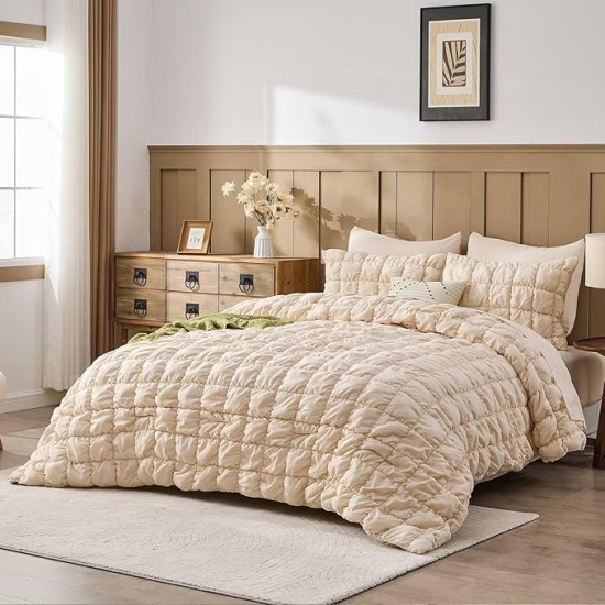 Beige Comforter Set King Size Bed in A Bag 7 Piece Pinch Pleat Bedding Set, Pintuck Ruched Square Bed Set with Comforter, Sheets, Pillowcases & Shams