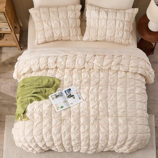 Beige Comforter Set King Size Bed in A Bag 7 Piece Pinch Pleat Bedding Set, Pintuck Ruched Square Bed Set with Comforter, Sheets, Pillowcases & Shams
