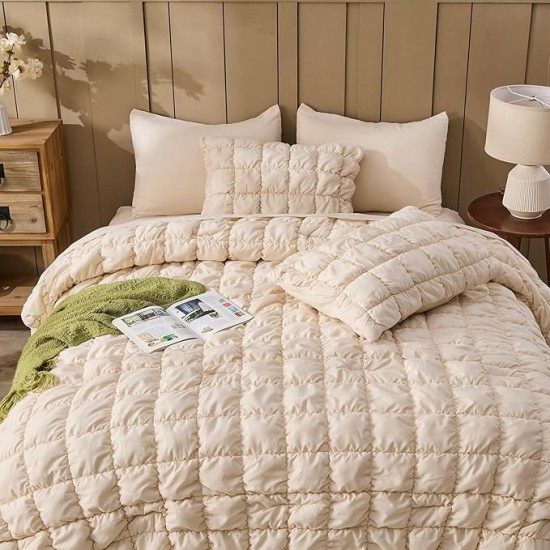 Beige Comforter Set King Size Bed in A Bag 7 Piece Pinch Pleat Bedding Set, Pintuck Ruched Square Bed Set with Comforter, Sheets, Pillowcases & Shams