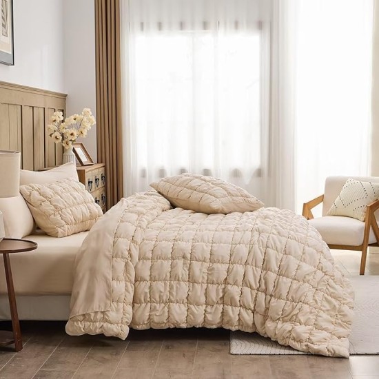 Beige Comforter Set King Size Bed in A Bag 7 Piece Pinch Pleat Bedding Set, Pintuck Ruched Square Bed Set with Comforter, Sheets, Pillowcases & Shams