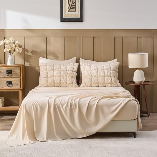 Beige Comforter Set King Size Bed in A Bag 7 Piece Pinch Pleat Bedding Set, Pintuck Ruched Square Bed Set with Comforter, Sheets, Pillowcases & Shams
