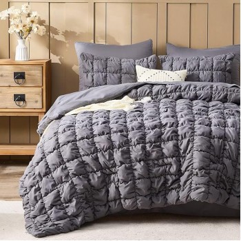 Grey Comforter Set King Size Bed in A Bag 7 Piece Pinch Pleat Bedding Set, Pintuck Ruched Square Bed Set with Comforter, Sheets, Pillowcases & Shams