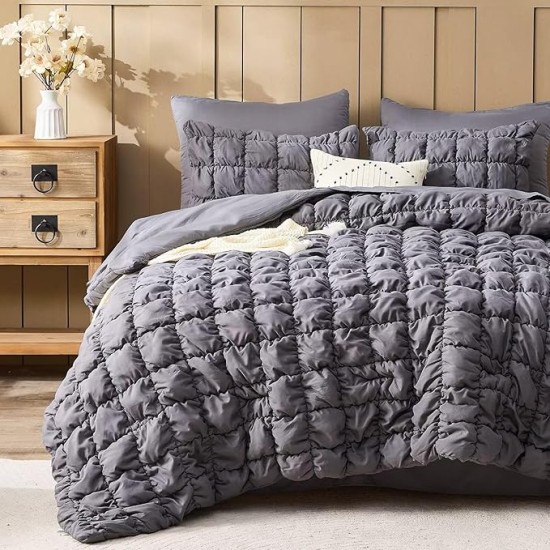 Grey Comforter Set King Size Bed in A Bag 7 Piece Pinch Pleat Bedding Set, Pintuck Ruched Square Bed Set with Comforter, Sheets, Pillowcases & Shams