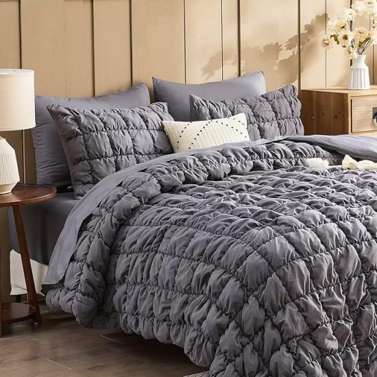 Grey Comforter Set King Size Bed in A Bag 7 Piece Pinch Pleat Bedding Set, Pintuck Ruched Square Bed Set with Comforter, Sheets, Pillowcases & Shams