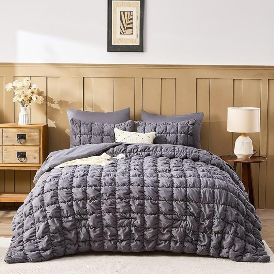 Grey Comforter Set King Size Bed in A Bag 7 Piece Pinch Pleat Bedding Set, Pintuck Ruched Square Bed Set with Comforter, Sheets, Pillowcases & Shams