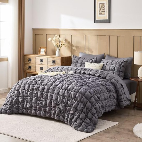 Grey Comforter Set King Size Bed in A Bag 7 Piece Pinch Pleat Bedding Set, Pintuck Ruched Square Bed Set with Comforter, Sheets, Pillowcases & Shams