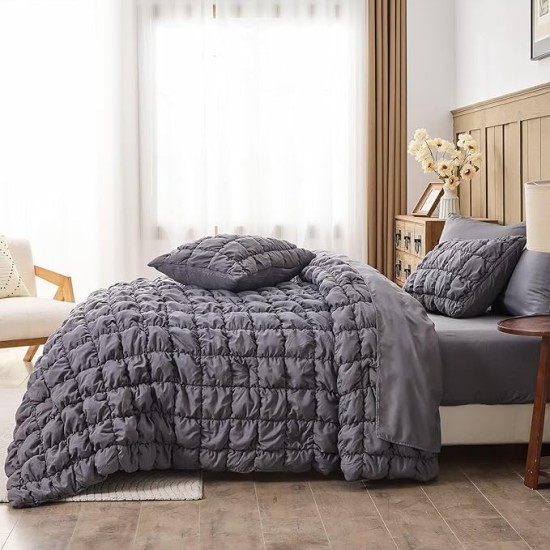 Grey Comforter Set King Size Bed in A Bag 7 Piece Pinch Pleat Bedding Set, Pintuck Ruched Square Bed Set with Comforter, Sheets, Pillowcases & Shams