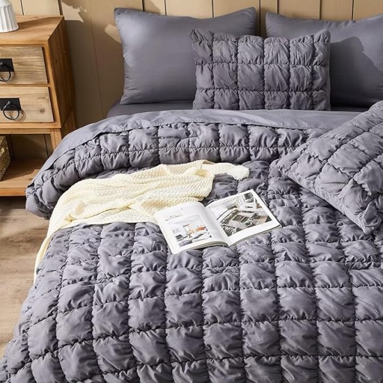 Grey Comforter Set King Size Bed in A Bag 7 Piece Pinch Pleat Bedding Set, Pintuck Ruched Square Bed Set with Comforter, Sheets, Pillowcases & Shams