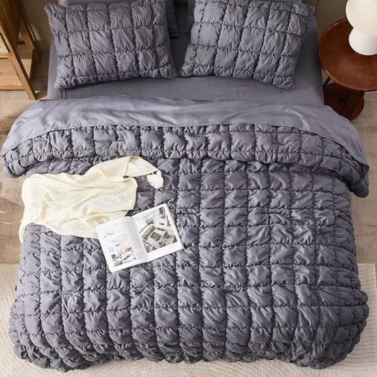 Grey Comforter Set King Size Bed in A Bag 7 Piece Pinch Pleat Bedding Set, Pintuck Ruched Square Bed Set with Comforter, Sheets, Pillowcases & Shams