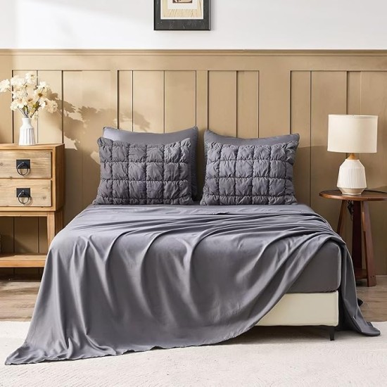 Grey Comforter Set King Size Bed in A Bag 7 Piece Pinch Pleat Bedding Set, Pintuck Ruched Square Bed Set with Comforter, Sheets, Pillowcases & Shams