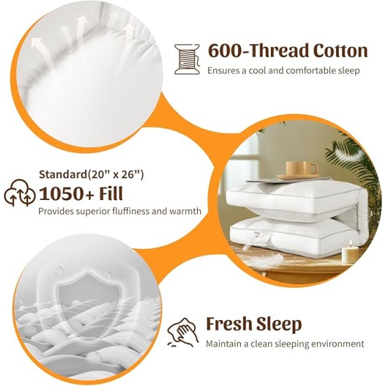 Goose Down Pillow, Cervical Support for Neck Pain Relief, 1050+ Fill Power, 600 Thread Count Cotton Shell, Ergonomic Design for Side, Back, and Stomach Sleepers(White,Standard(Pack of 1))