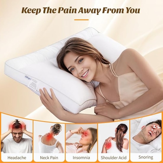 Goose Down Pillow, Cervical Support for Neck Pain Relief, 1050+ Fill Power, 600 Thread Count Cotton Shell, Ergonomic Design for Side, Back, and Stomach Sleepers(White,Standard(Pack of 1))