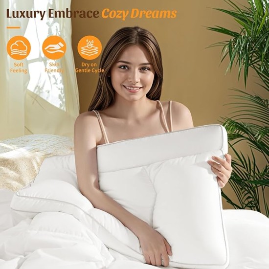 Goose Down Pillow, Cervical Support for Neck Pain Relief, 1050+ Fill Power, 600 Thread Count Cotton Shell, Ergonomic Design for Side, Back, and Stomach Sleepers(White,Standard(Pack of 1))