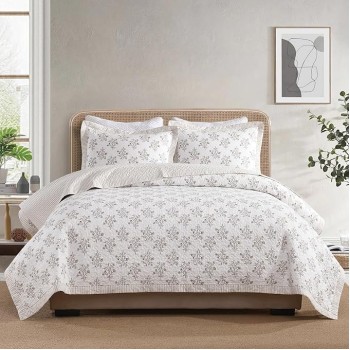 Queen Size Quilt, 100% Cotton Quilt, Modern Farmhouse Queen Comforter Set, White/Almond Quilted Bedspread, Floral Lightweight Reversible Quilt Bedding Set All Season, 3-Pieces
