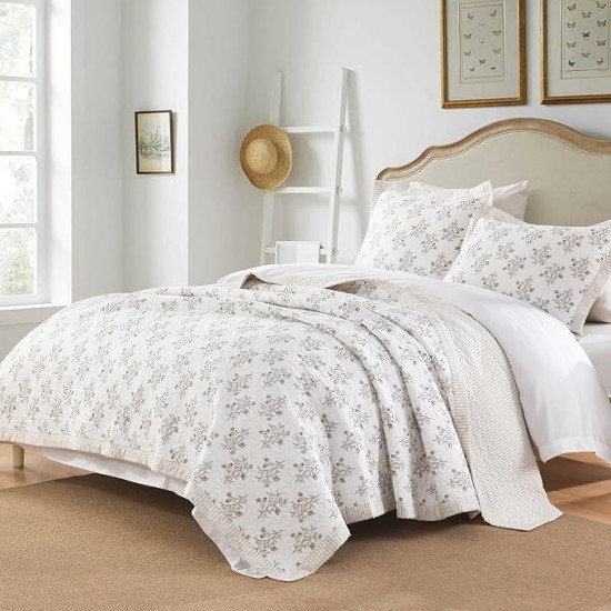 Queen Size Quilt, 100% Cotton Quilt, Modern Farmhouse Queen Comforter Set, White/Almond Quilted Bedspread, Floral Lightweight Reversible Quilt Bedding Set All Season, 3-Pieces