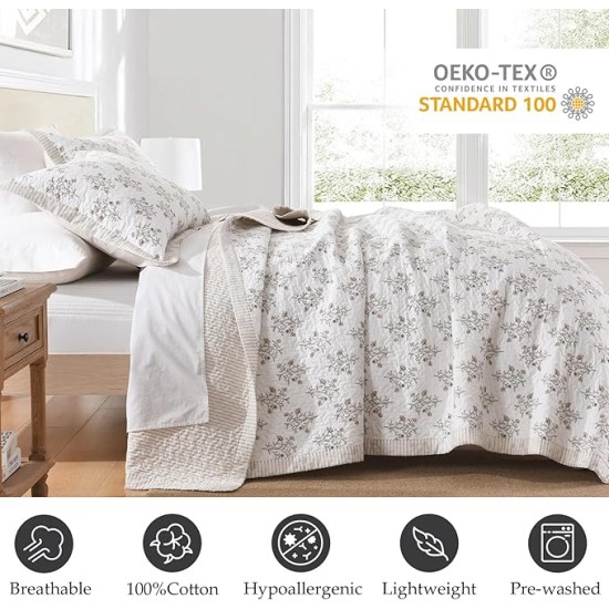 Queen Size Quilt, 100% Cotton Quilt, Modern Farmhouse Queen Comforter Set, White/Almond Quilted Bedspread, Floral Lightweight Reversible Quilt Bedding Set All Season, 3-Pieces