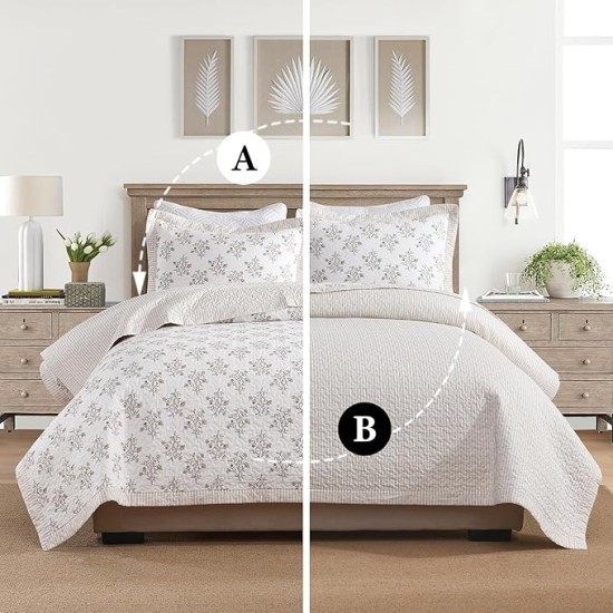 Queen Size Quilt, 100% Cotton Quilt, Modern Farmhouse Queen Comforter Set, White/Almond Quilted Bedspread, Floral Lightweight Reversible Quilt Bedding Set All Season, 3-Pieces