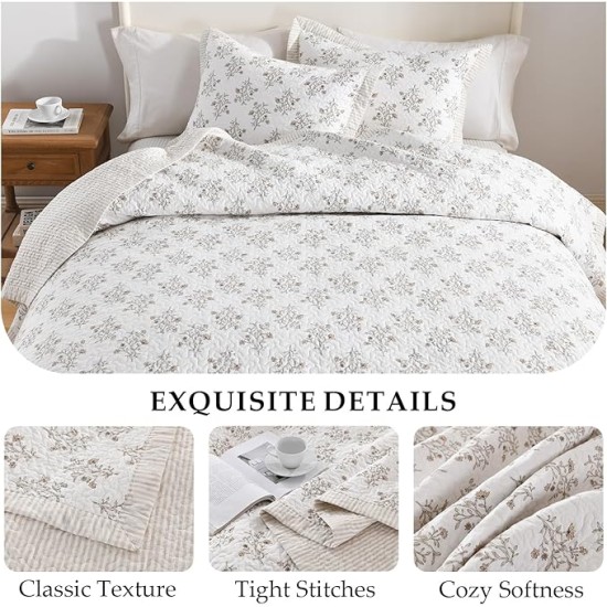 Queen Size Quilt, 100% Cotton Quilt, Modern Farmhouse Queen Comforter Set, White/Almond Quilted Bedspread, Floral Lightweight Reversible Quilt Bedding Set All Season, 3-Pieces