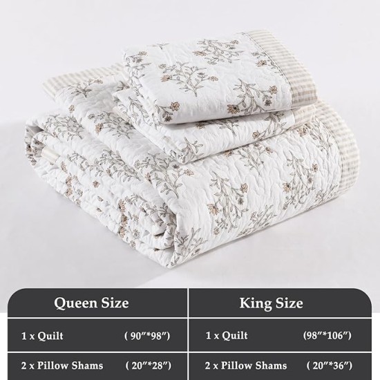 Queen Size Quilt, 100% Cotton Quilt, Modern Farmhouse Queen Comforter Set, White/Almond Quilted Bedspread, Floral Lightweight Reversible Quilt Bedding Set All Season, 3-Pieces