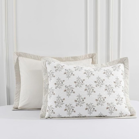 Queen Size Quilt, 100% Cotton Quilt, Modern Farmhouse Queen Comforter Set, White/Almond Quilted Bedspread, Floral Lightweight Reversible Quilt Bedding Set All Season, 3-Pieces