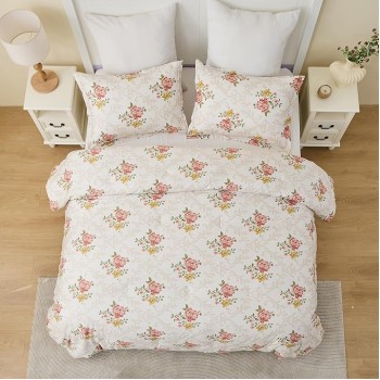 Cotton Comforter Queen Size - Pink Farmhouse Floral Pattern Queen Comforter Bedding Set 3pcs, Feminine Design Fluffy Bed Comforter, Soft and Warm Duvet Insert, Pink/Beige