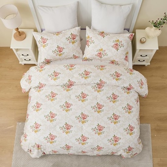 Cotton Comforter Queen Size - Pink Farmhouse Floral Pattern Queen Comforter Bedding Set 3pcs, Feminine Design Fluffy Bed Comforter, Soft and Warm Duvet Insert, Pink/Beige