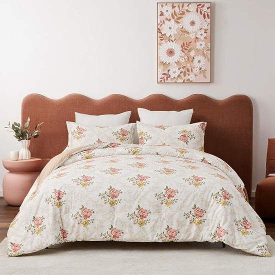 Cotton Comforter Queen Size - Pink Farmhouse Floral Pattern Queen Comforter Bedding Set 3pcs, Feminine Design Fluffy Bed Comforter, Soft and Warm Duvet Insert, Pink/Beige