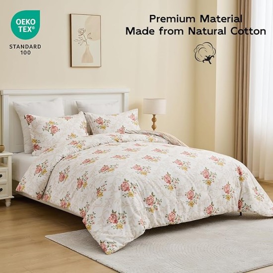 Cotton Comforter Queen Size - Pink Farmhouse Floral Pattern Queen Comforter Bedding Set 3pcs, Feminine Design Fluffy Bed Comforter, Soft and Warm Duvet Insert, Pink/Beige