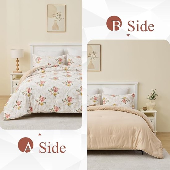 Cotton Comforter Queen Size - Pink Farmhouse Floral Pattern Queen Comforter Bedding Set 3pcs, Feminine Design Fluffy Bed Comforter, Soft and Warm Duvet Insert, Pink/Beige