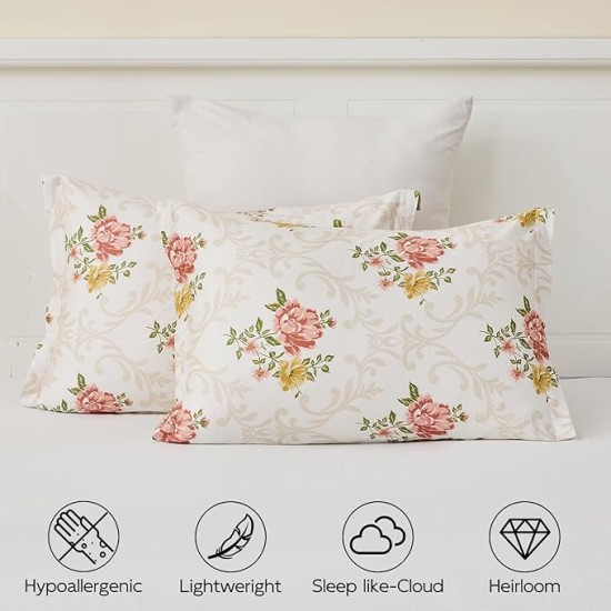 Cotton Comforter Queen Size - Pink Farmhouse Floral Pattern Queen Comforter Bedding Set 3pcs, Feminine Design Fluffy Bed Comforter, Soft and Warm Duvet Insert, Pink/Beige