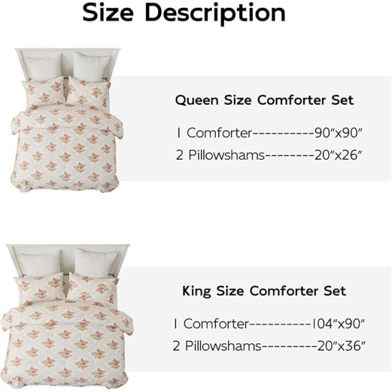 Cotton Comforter Queen Size - Pink Farmhouse Floral Pattern Queen Comforter Bedding Set 3pcs, Feminine Design Fluffy Bed Comforter, Soft and Warm Duvet Insert, Pink/Beige