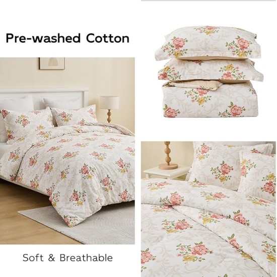 Cotton Comforter Queen Size - Pink Farmhouse Floral Pattern Queen Comforter Bedding Set 3pcs, Feminine Design Fluffy Bed Comforter, Soft and Warm Duvet Insert, Pink/Beige