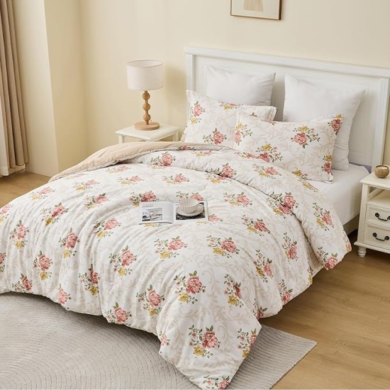 Cotton Comforter Queen Size - Pink Farmhouse Floral Pattern Queen Comforter Bedding Set 3pcs, Feminine Design Fluffy Bed Comforter, Soft and Warm Duvet Insert, Pink/Beige