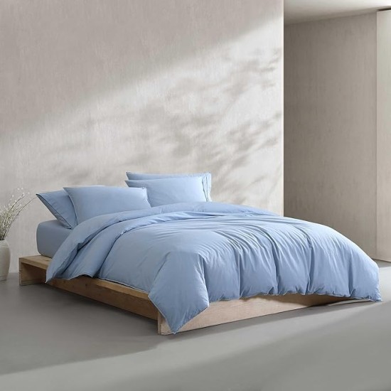 - Queen Comforter Set, Modern Cotton Washed Percale Bedding with Matching Shams, Oeko-Tex Certified (Washed Percale Blue, Queen)