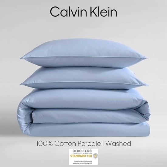 - Queen Comforter Set, Modern Cotton Washed Percale Bedding with Matching Shams, Oeko-Tex Certified (Washed Percale Blue, Queen)