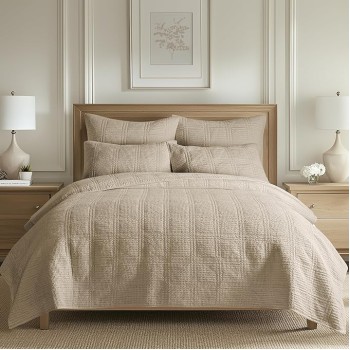 - Cloud Waffle Quilt Set - Full/Queen Quilt and Two Standard Shams - Waffle Textured - Taupe - Quilt (88x92in.) and Shams (20x26in.) - Reversible - Cotton