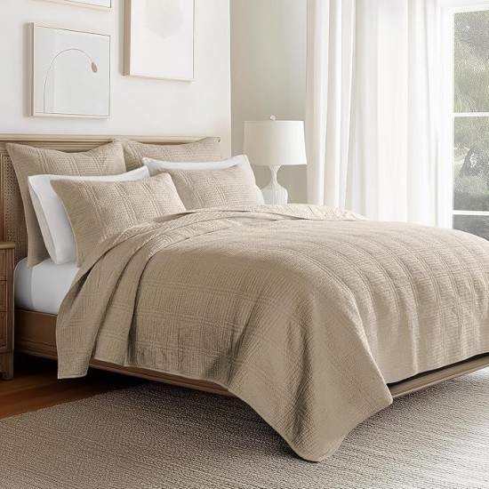 - Cloud Waffle Quilt Set - Full/Queen Quilt and Two Standard Shams - Waffle Textured - Taupe - Quilt (88x92in.) and Shams (20x26in.) - Reversible - Cotton