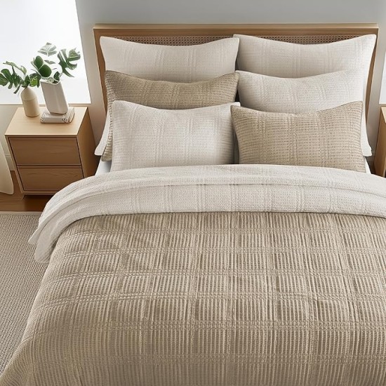 - Cloud Waffle Quilt Set - Full/Queen Quilt and Two Standard Shams - Waffle Textured - Taupe - Quilt (88x92in.) and Shams (20x26in.) - Reversible - Cotton