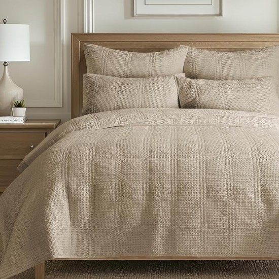 - Cloud Waffle Quilt Set - Full/Queen Quilt and Two Standard Shams - Waffle Textured - Taupe - Quilt (88x92in.) and Shams (20x26in.) - Reversible - Cotton