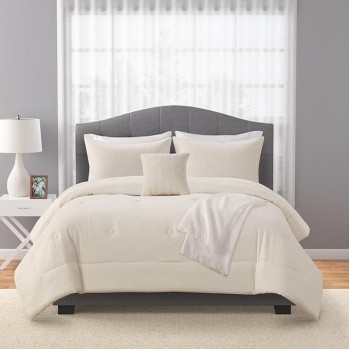 5-Piece Ivory Waffle Comforter Set, Full/Queen - All are Machine Washable with The Exception of The Dec Pillow Which is Spot Clean Only 100% Polyester