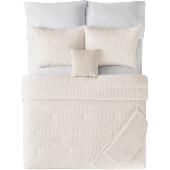 5-Piece Ivory Waffle Comforter Set, Full/Queen - All are Machine Washable with The Exception of The Dec Pillow Which is Spot Clean Only 100% Polyester