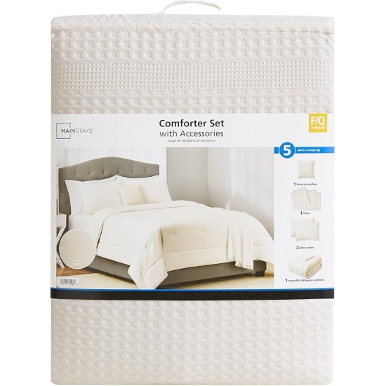 5-Piece Ivory Waffle Comforter Set, Full/Queen - All are Machine Washable with The Exception of The Dec Pillow Which is Spot Clean Only 100% Polyester